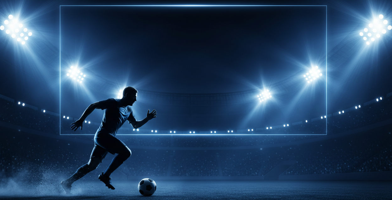 Full-width international football banner with dramatic stadium lights and a pro player silhouette running with a ball. Blue/navy color accents. No empty space, no borders. Modern premium look, clear central space for text.