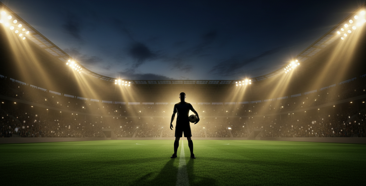 Ultra-wide full-bleed football stadium banner, edge-to-edge image with no borders, dramatic lights, green pitch, dynamic atmosphere. Show a football player silhouette in center holding a ball. Premium sports aesthetic, high resolution, clean space near center for text.