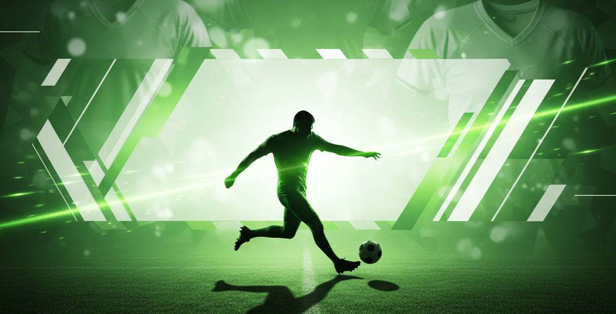 Wide full-bleed football banner with green accents hinting Pakistan market. Show generic football jerseys and a dynamic player silhouette. No flags. No blank top/bottom areas. Clean modern sports look, professional lighting, space in the middle for text.